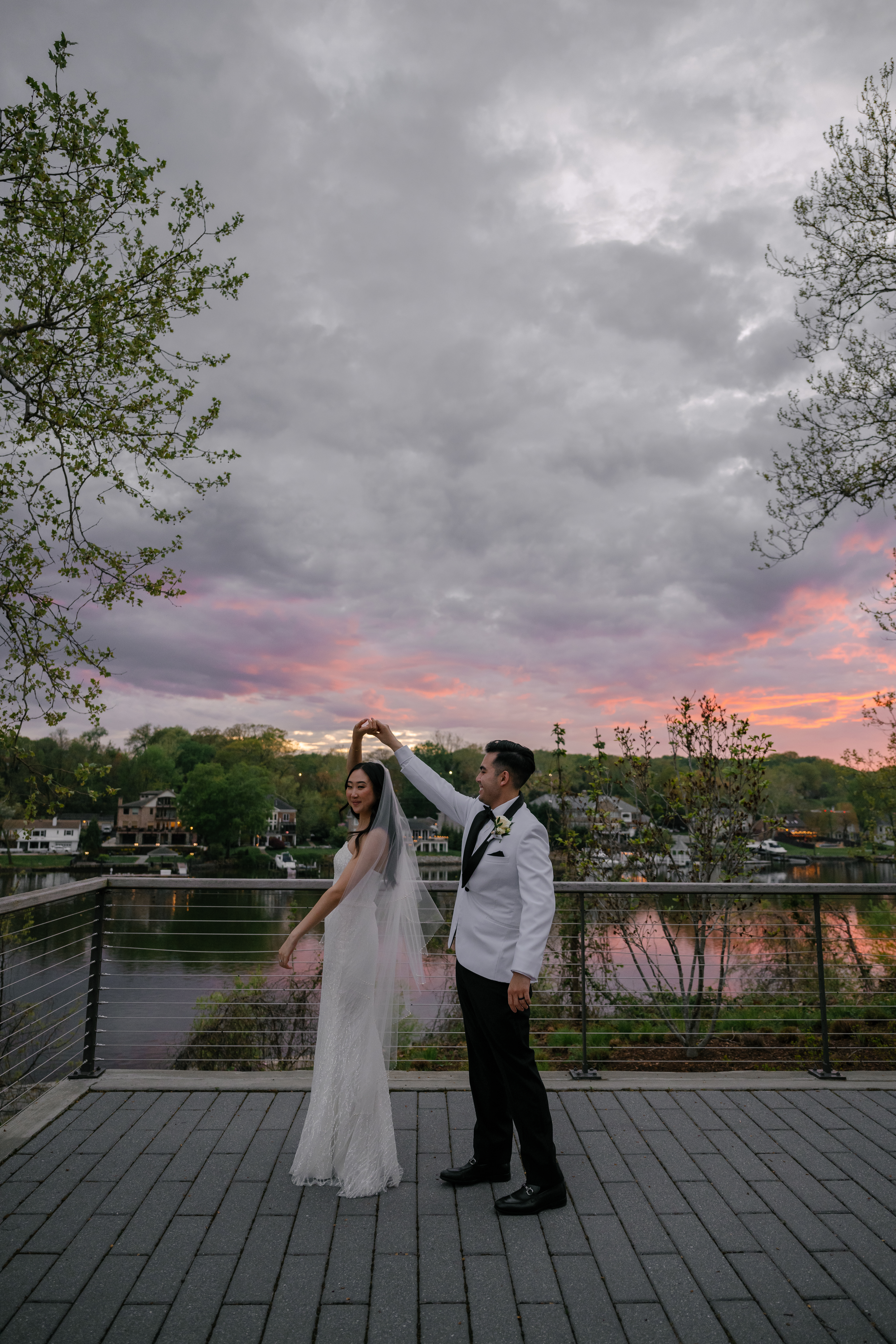 bride and groom portraits waterfront wedding