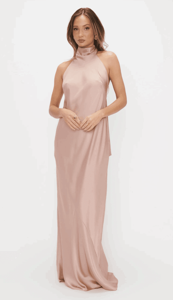 pink satin wedding guest dress