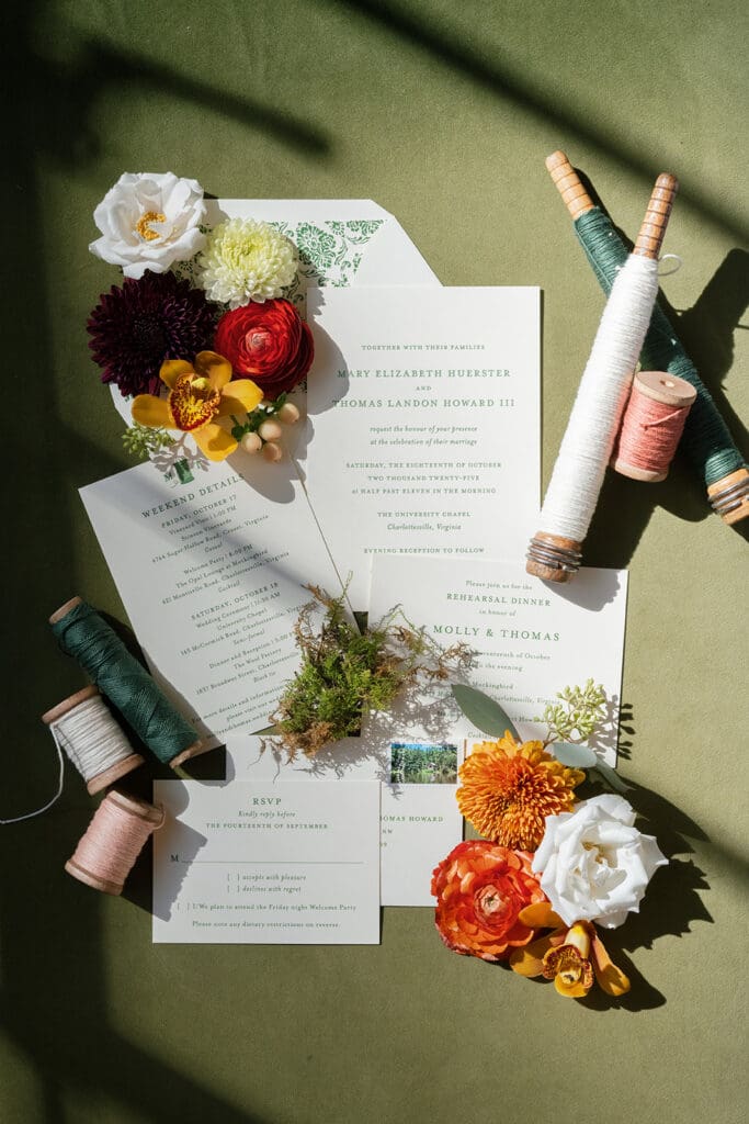 the wool factory wedding in charlottesville invitation suite flatlay