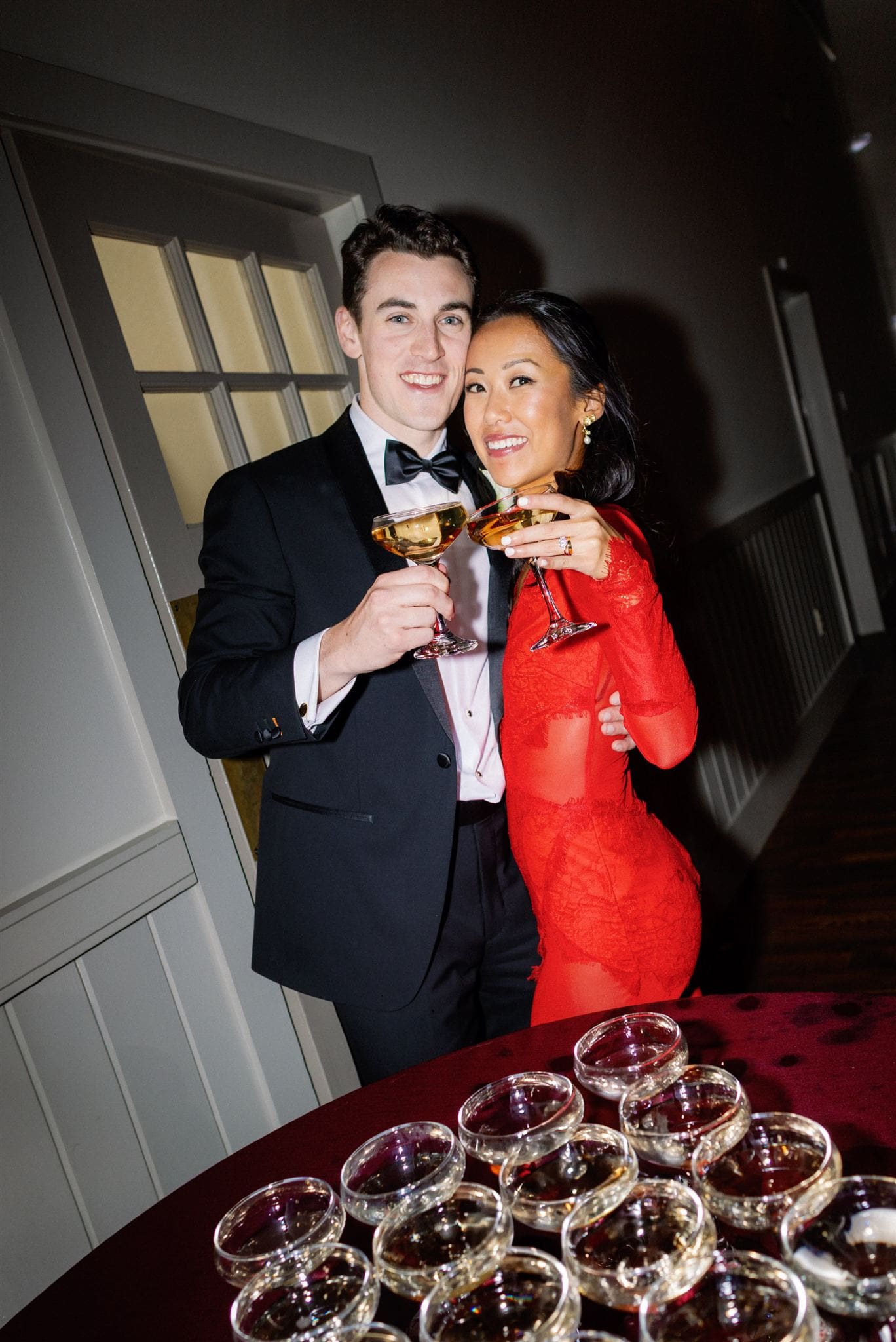 bride and groom photos champagne tower
